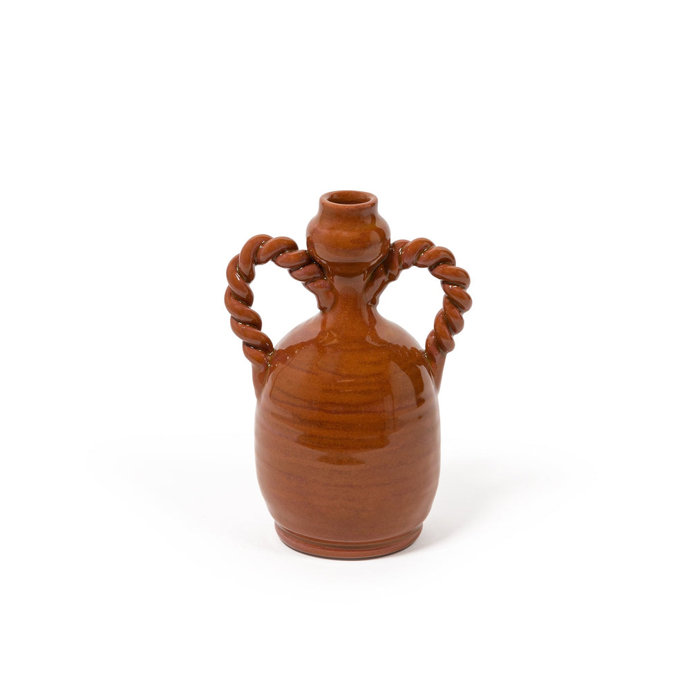 Front view of Jeanne Vase showcasing terracotta glaze and twisted braided handles on a white background