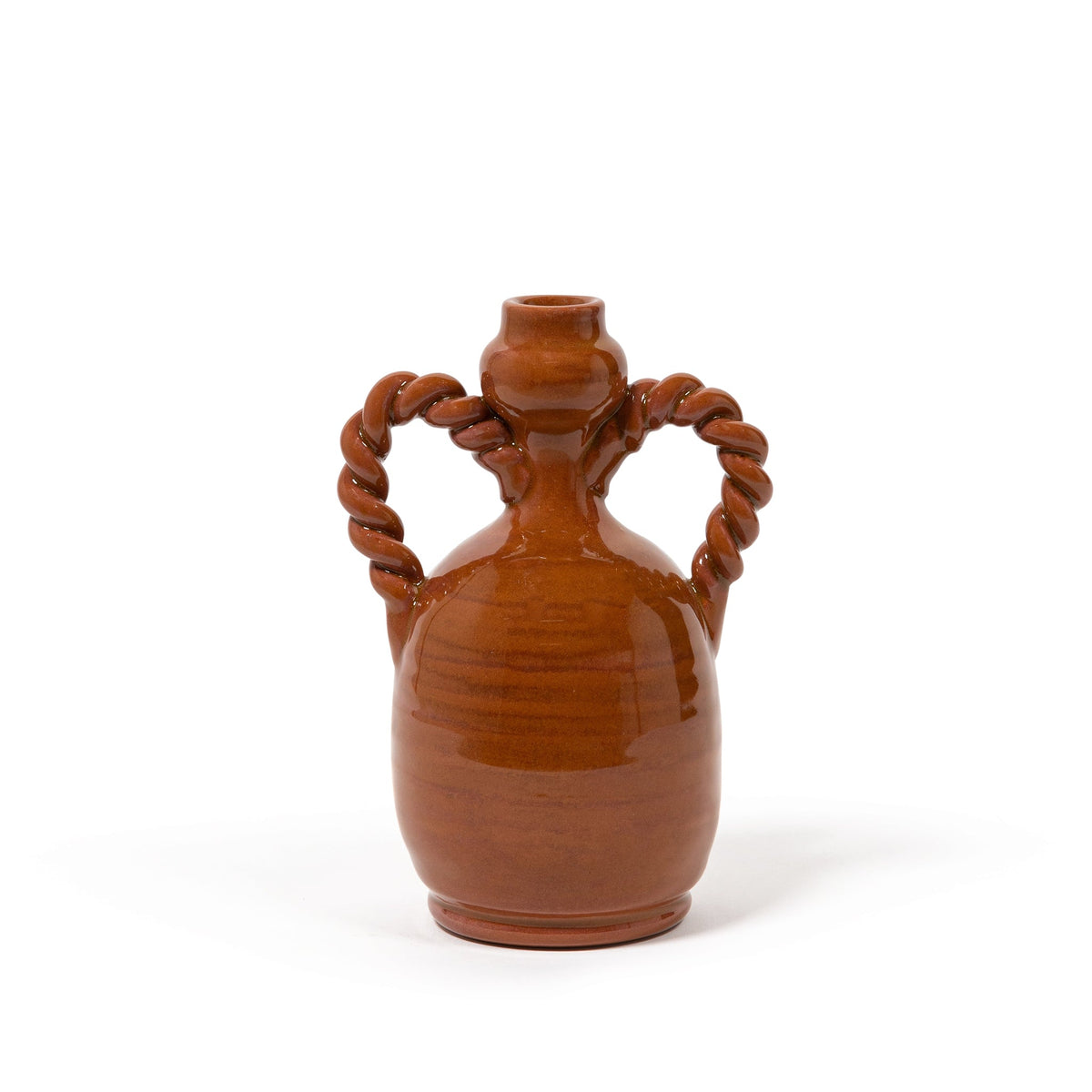Front view of Jeanne Vase showcasing glazed terracotta finish and twisted rope handles on white background