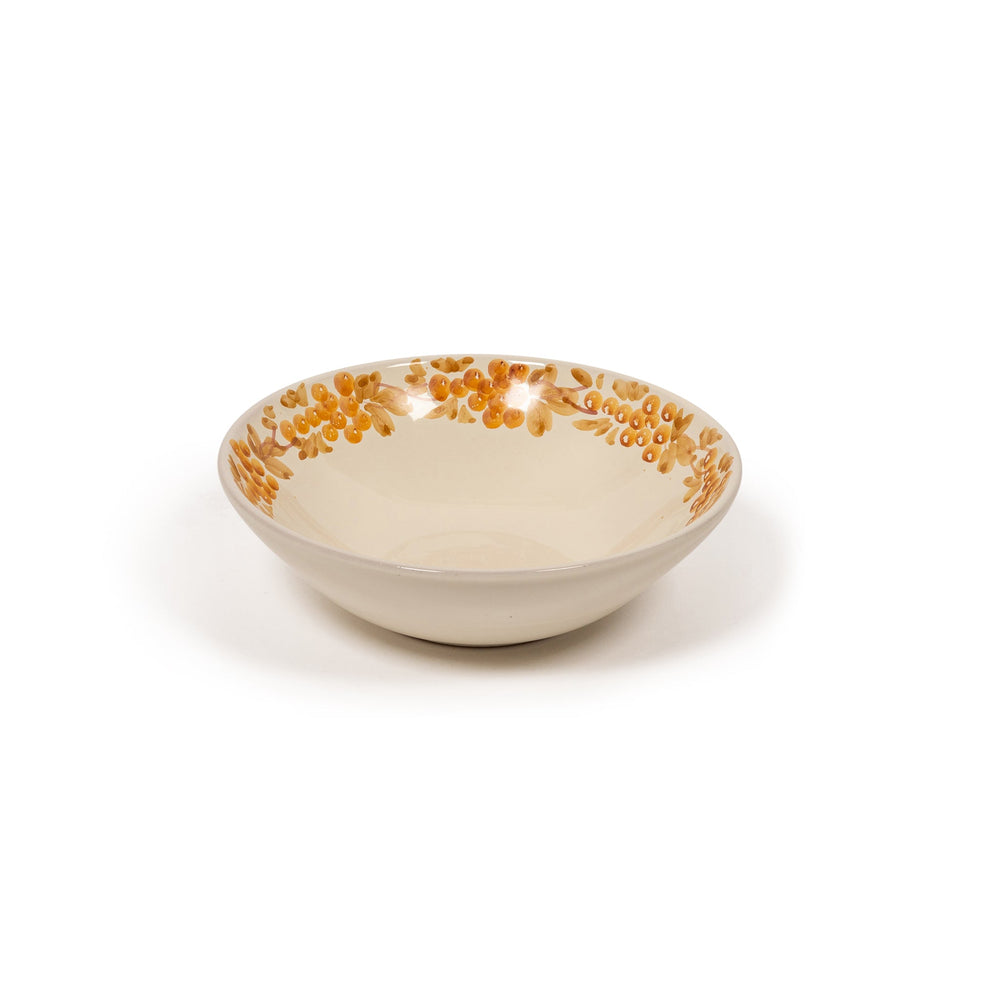 Front view of large Vine Bowl showing hand-painted mustard and tan vine pattern on cream ceramic against a white background