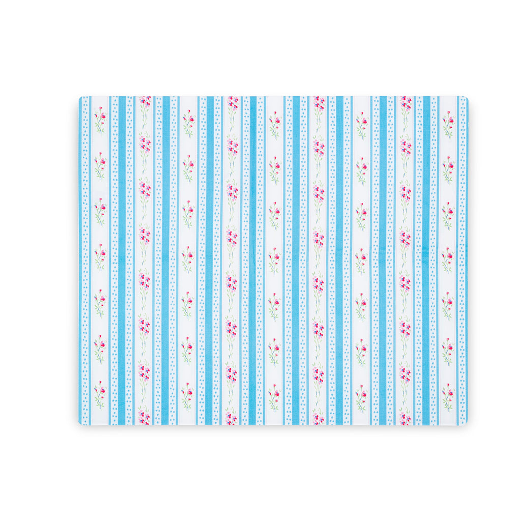 Linen-printed rectangular acrylic placemat with robin's egg blue and white stripe vintage, floral fabric, designed for effortless entertaining.