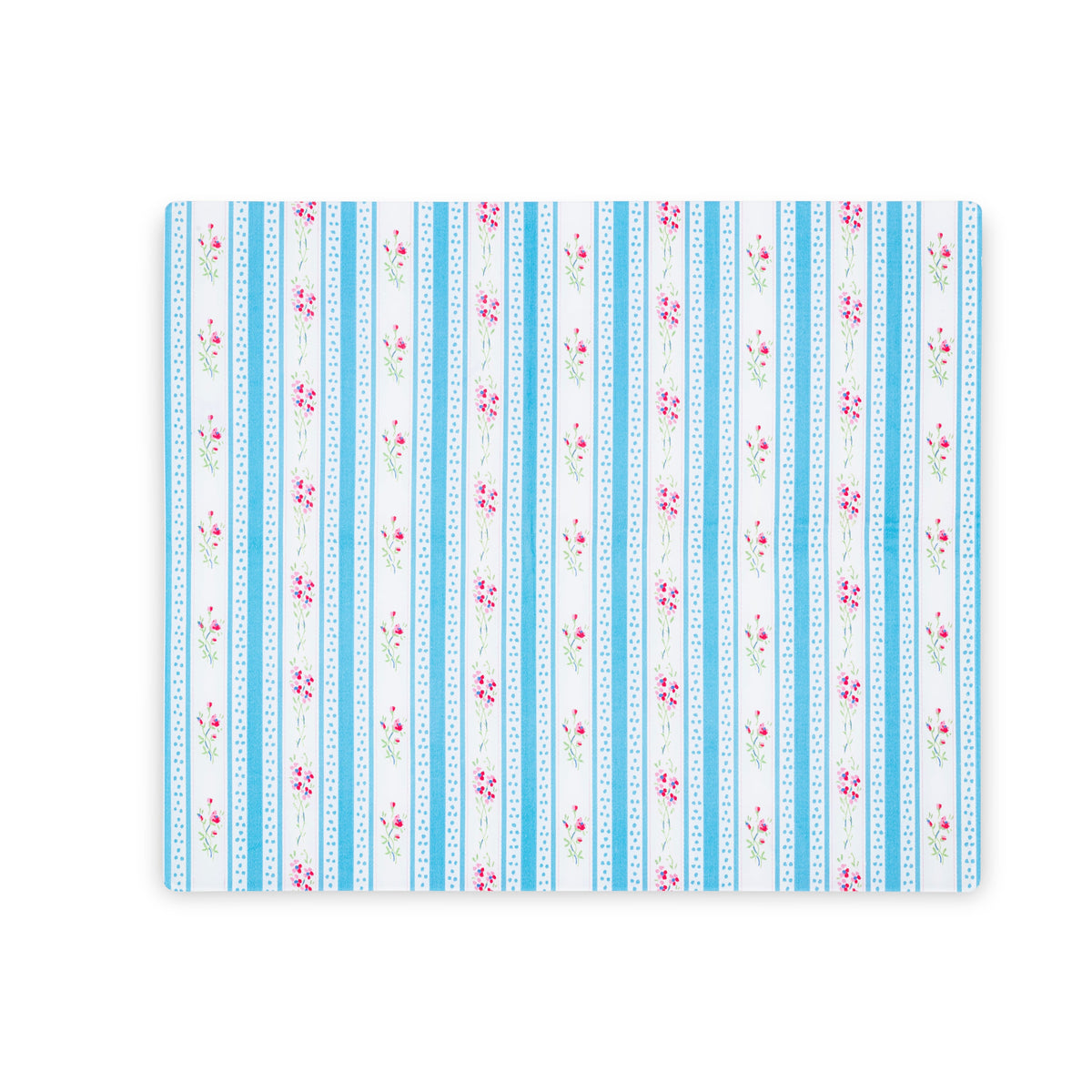 Linen-printed rectangular acrylic placemat with robin's egg blue and white stripe vintage, floral fabric, designed for effortless entertaining.