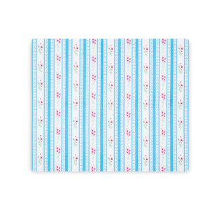 Linen-printed rectangular acrylic placemat with robin's egg blue and white stripe vintage, floral fabric, designed for effortless entertaining.