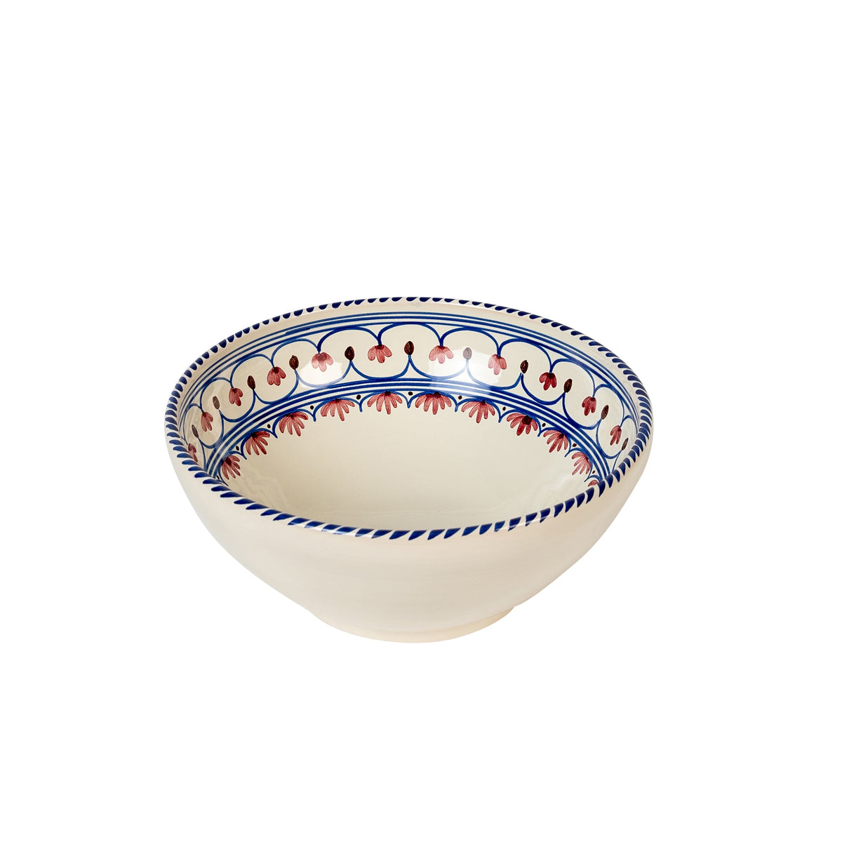 Three-quarter view of Honor Large Bowl showcasing ceramic scallop and floral design in pink, blue, and brown with white background