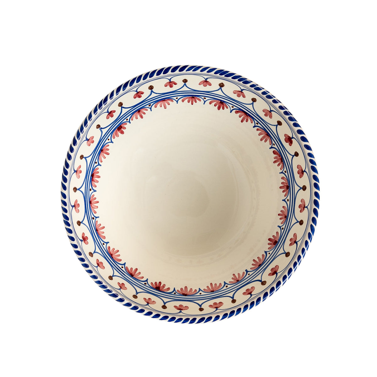 Top view of Honor Large Bowl showcasing pink, blue, and brown scallop floral design with a white background
