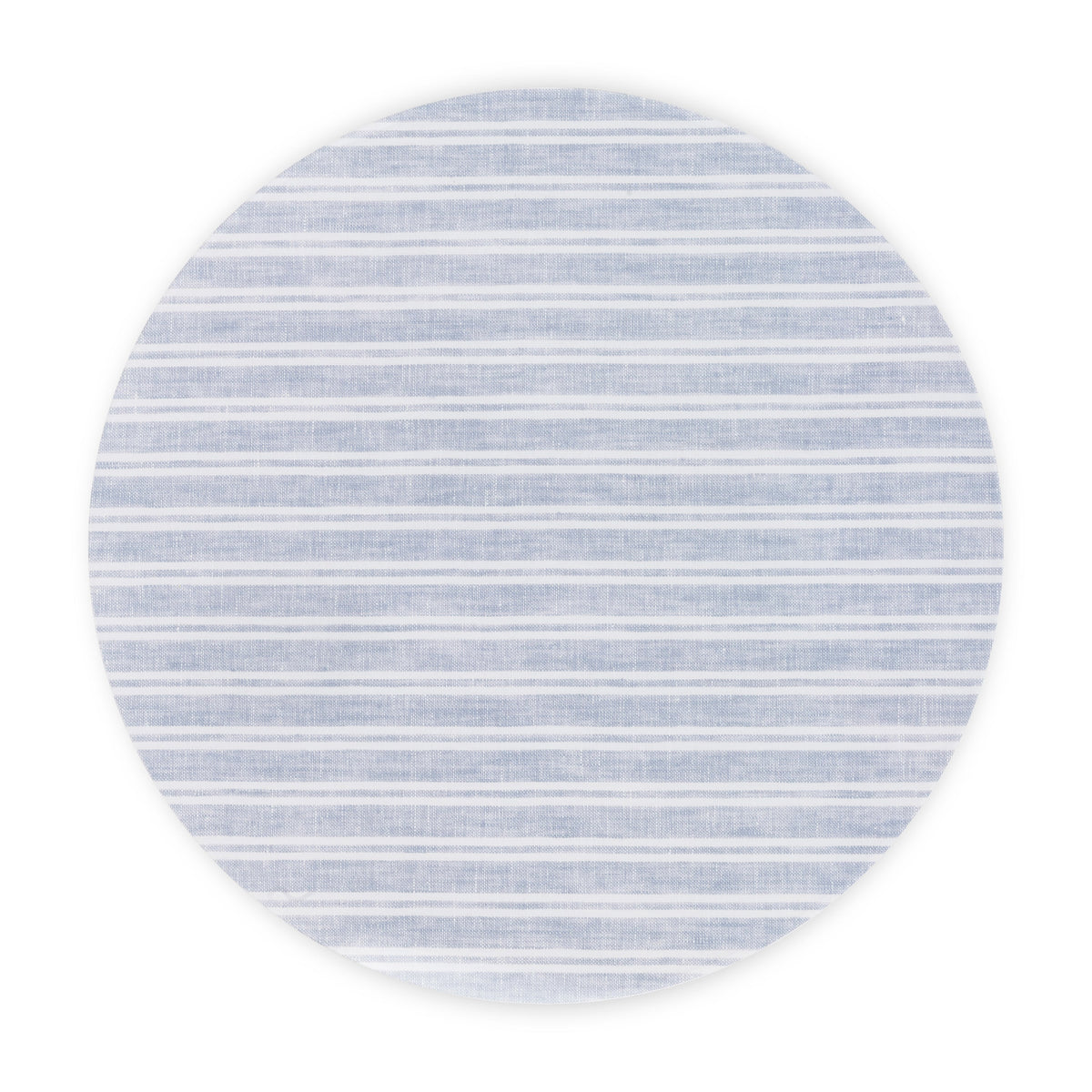 Linen-printed acrylic circular placemat with neutral gray and white stripe.