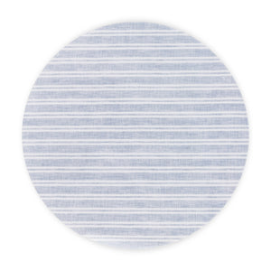 Linen-printed acrylic circular placemat with neutral gray and white stripe.