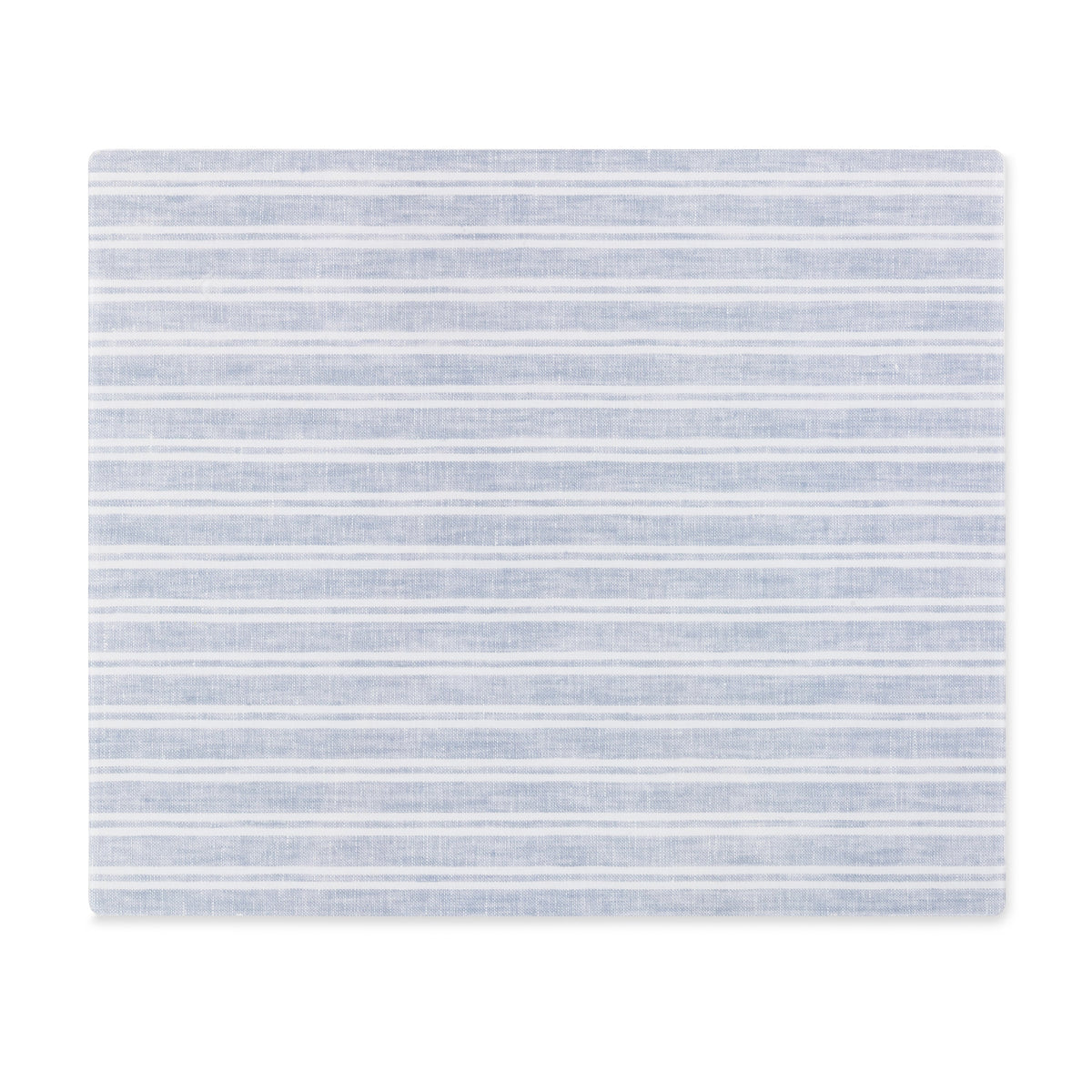 Rectangular linen-printed acrylic placemat with neutral gray and white stripe fabric.