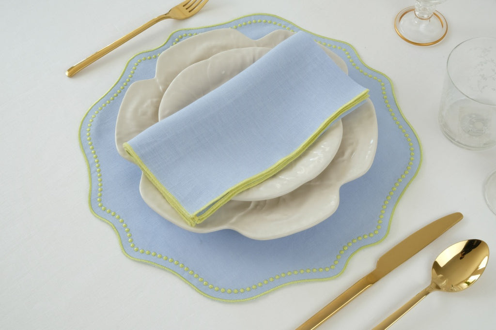 Lime Dotted Blue Linen Placemat, Set of 4