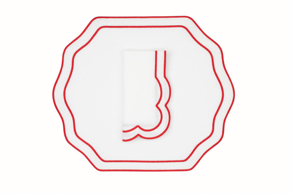 Stucco Linen Napkin and Placemat in White with Red Trim, Set of 2