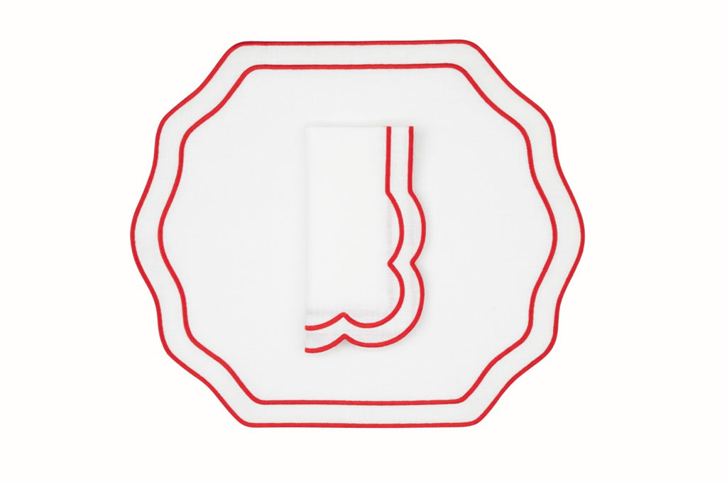 Stucco Linen Napkin and Placemat in White with Red Trim, Set of 2