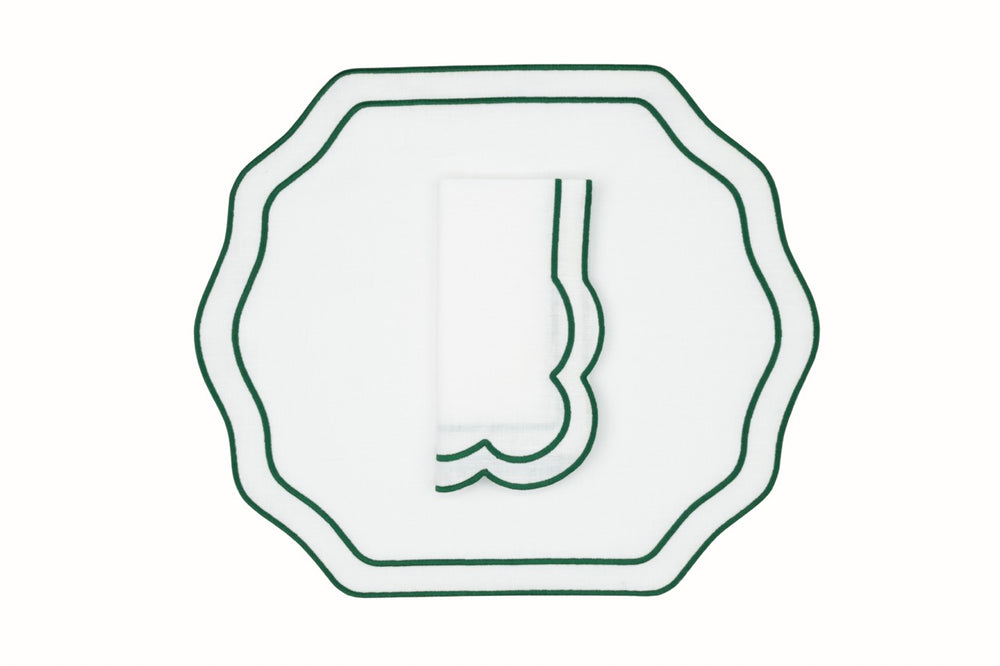 Stucco Linen Napkin and Placemat in White with Green Trim, Set of 2