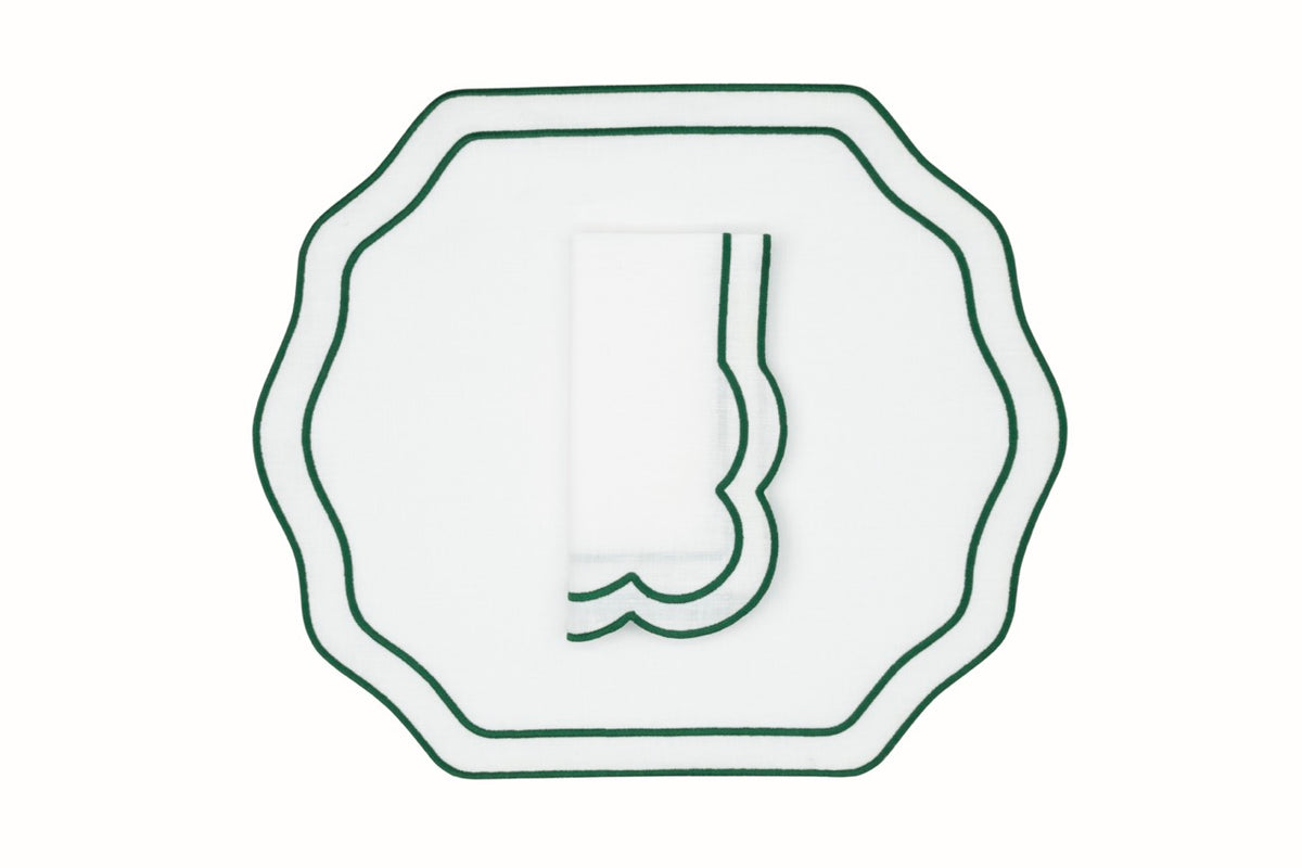 Stucco Linen Napkin and Placemat in White with Green Trim, Set of 2