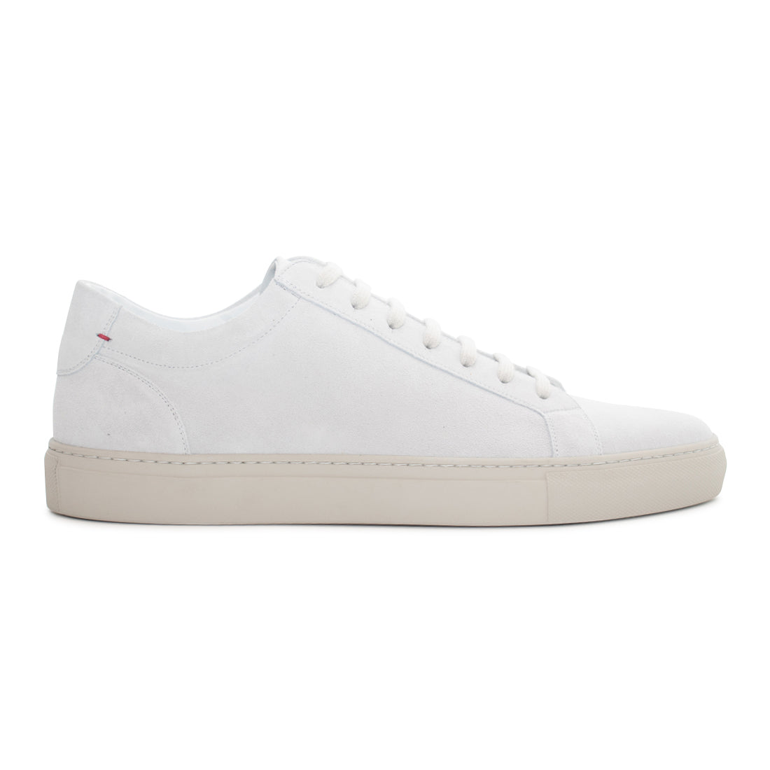 Side view of Women’s Off-White Suede Sardegna Sneaker II showcasing its suede upper and white Margom sole on a white background