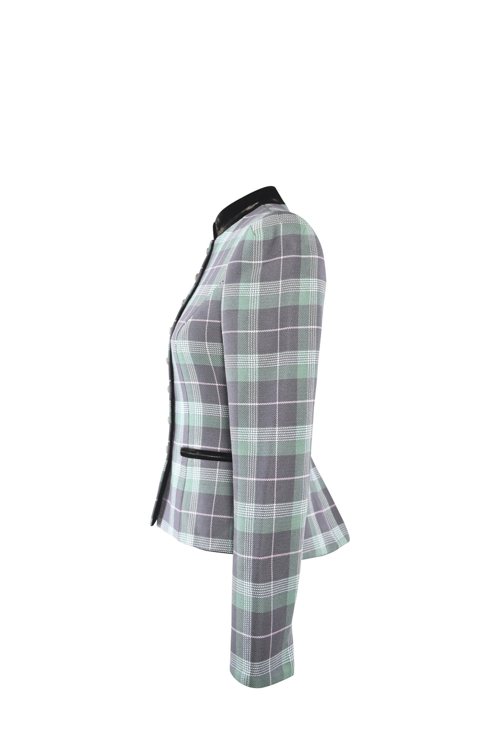 Side view of Annabelle Jade jacket showcasing nipped waist, fitted silhouette, and black velvet collar on white background