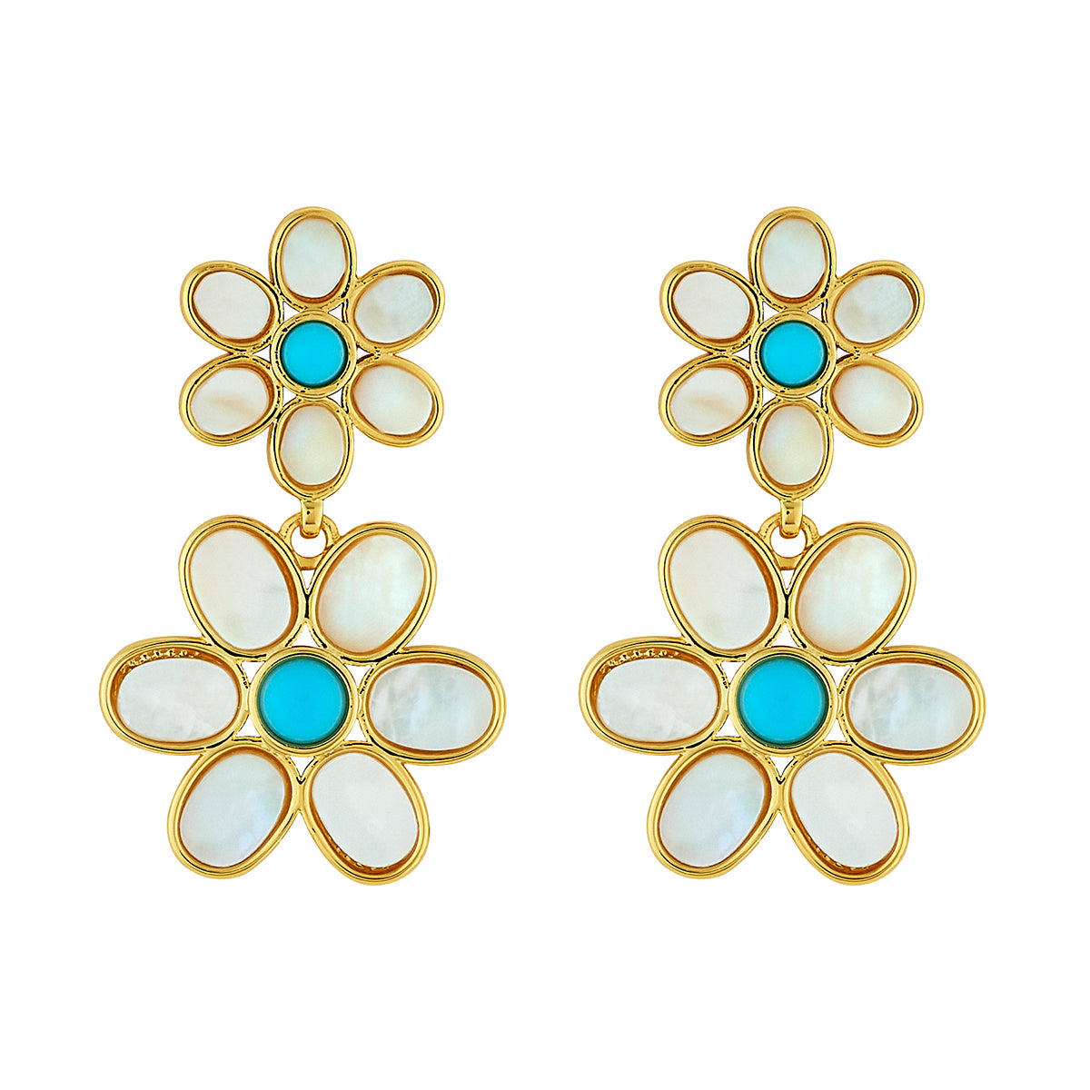 Front view of Daisy Double in Turquoise earrings showcasing mother of pearl petals and turquoise cabs with a white background