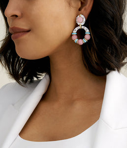 Stud Hoop Earrings in Pink Opal Beads with White Enamel