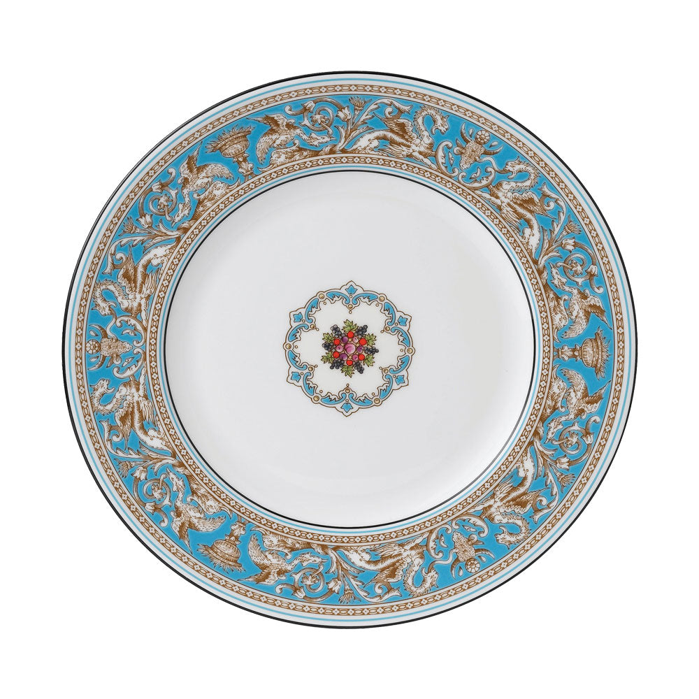 Top view of Florentine Turquoise Dinner Plate showcasing turquoise mythical creatures and floral center on white background