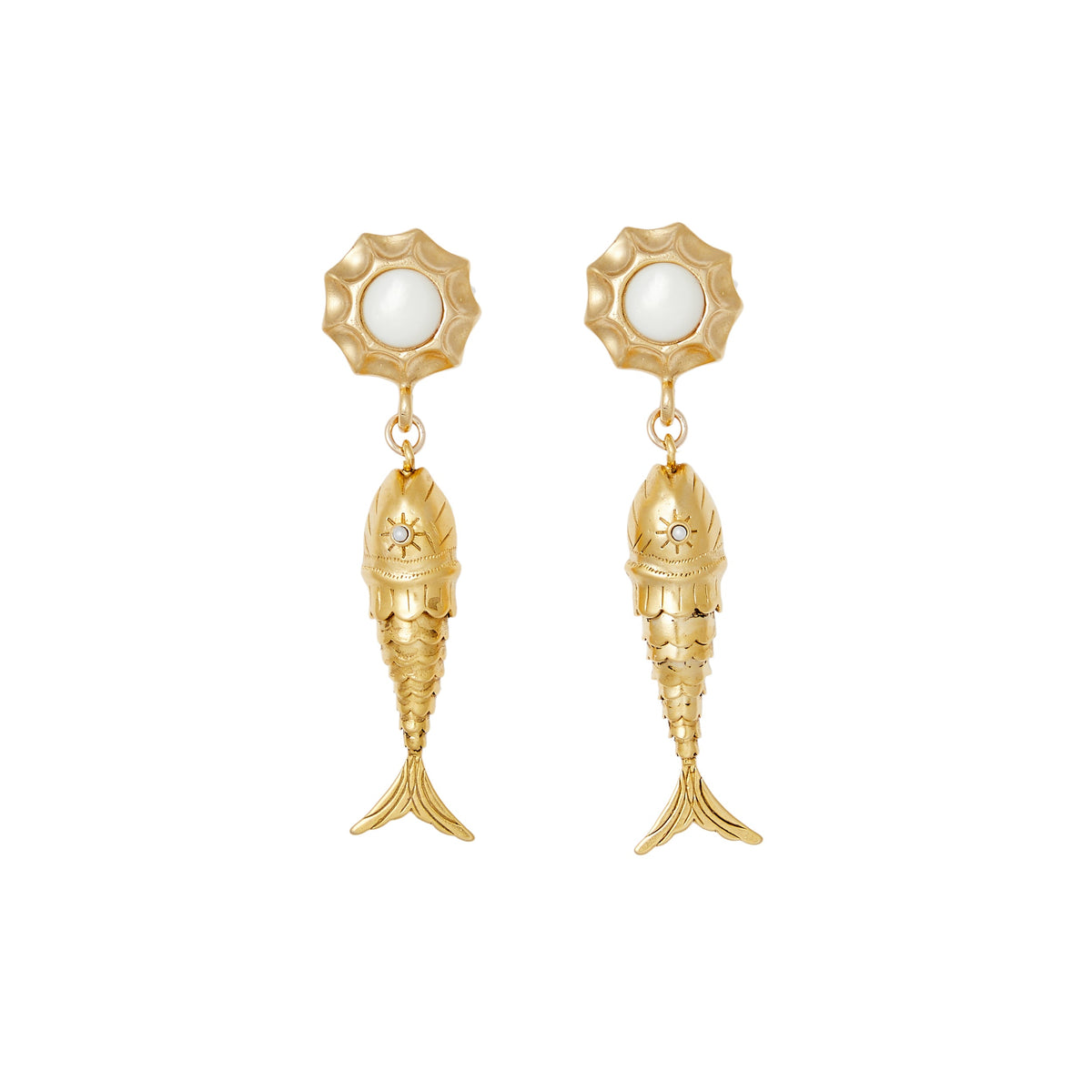 Front view of Dory gold plated drop earrings showing articulated fish charms with mother of pearl centers on white background