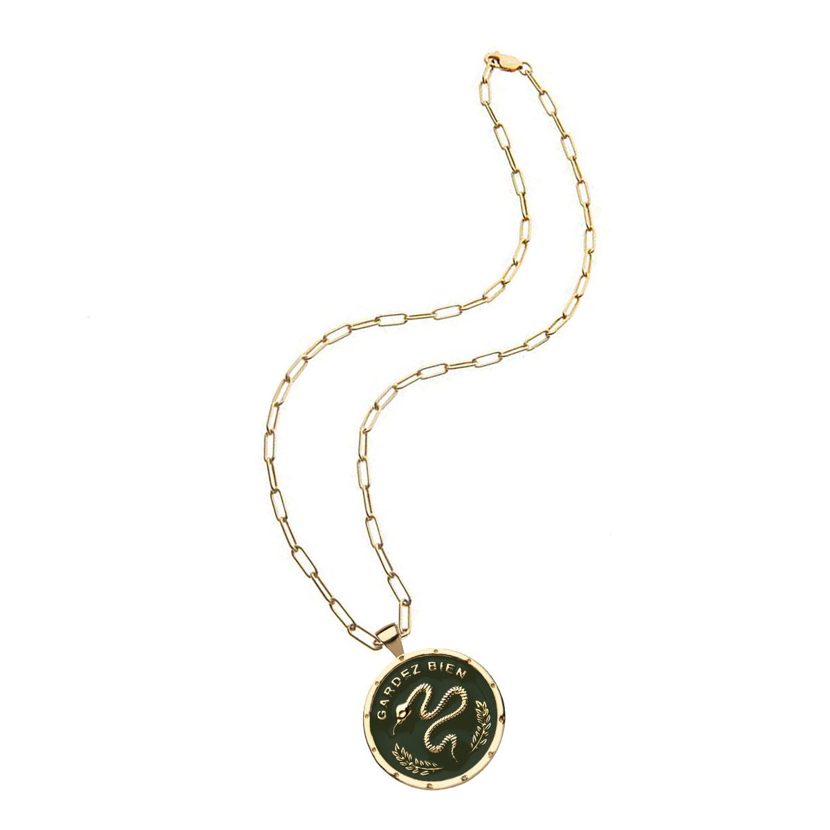 Front view of Protect JW Original Pendant Coin Necklace in green enamel with snake and Gardez Bien design