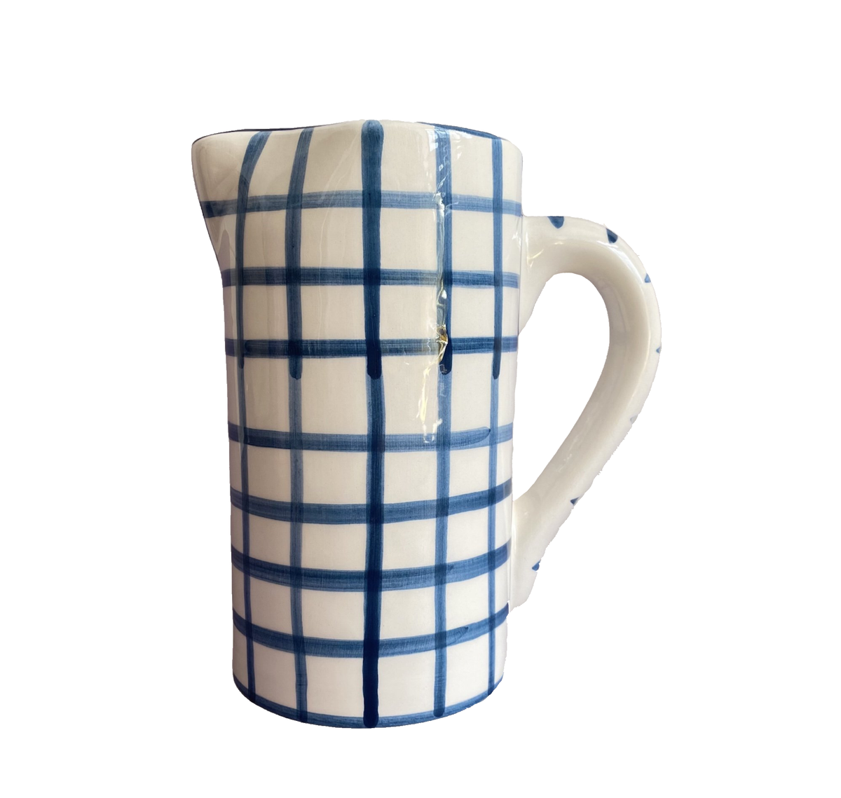 Front view of Drink Me Jug and Vase showcasing Capri blue gingham pattern with white background