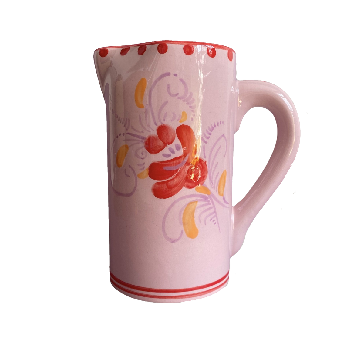 Front view of Drunk in Love Jug and Vase in lilac and red showcasing its hand-painted floral pattern on a white background