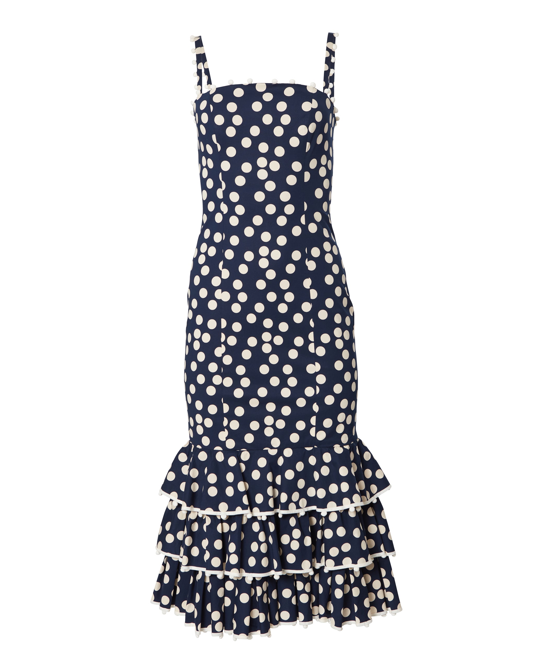 Navy Polka Dot Tiered Ruffle Midi Dress