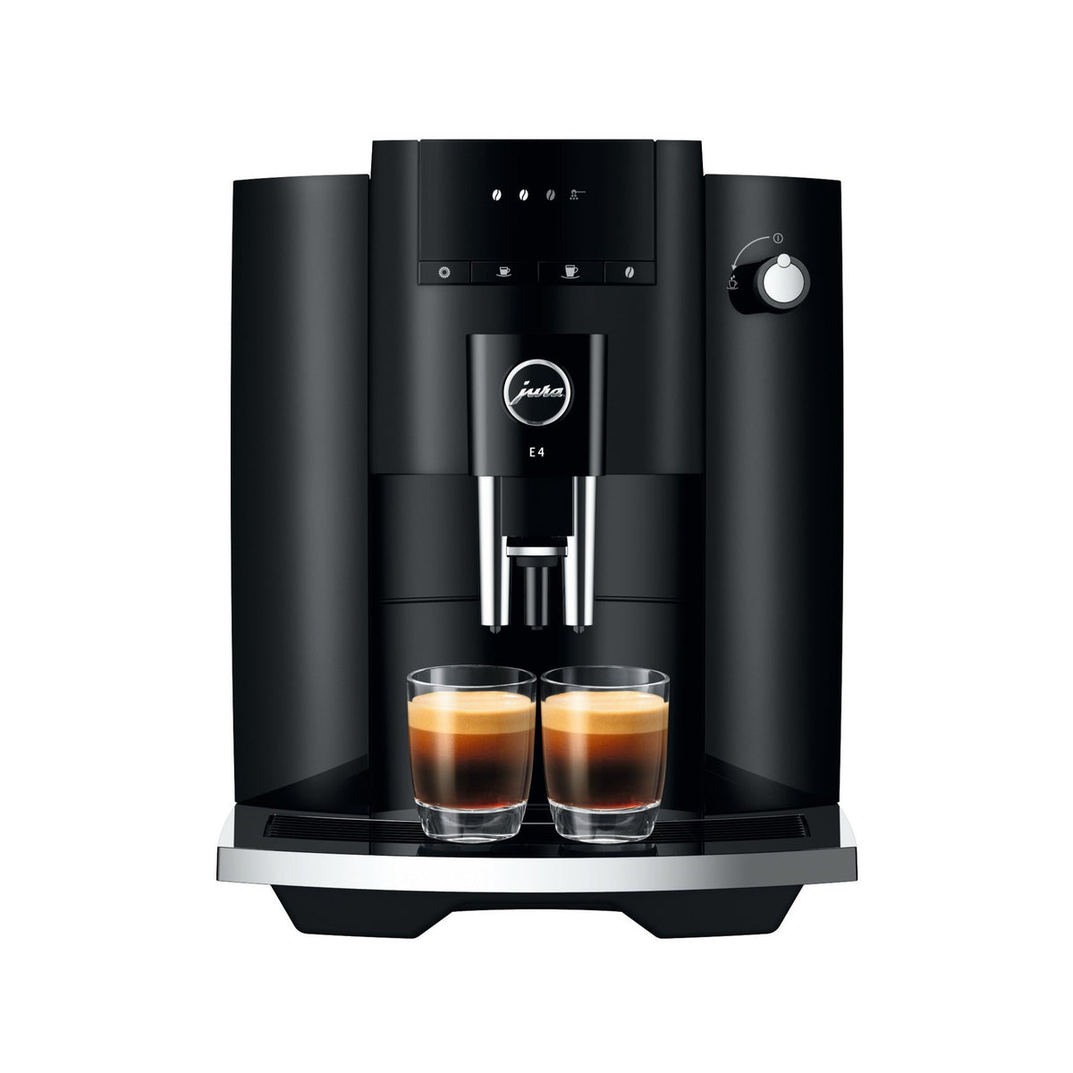 Front view of E4 fully automatic coffee machine in piano black showcasing two espresso drinks with a white background