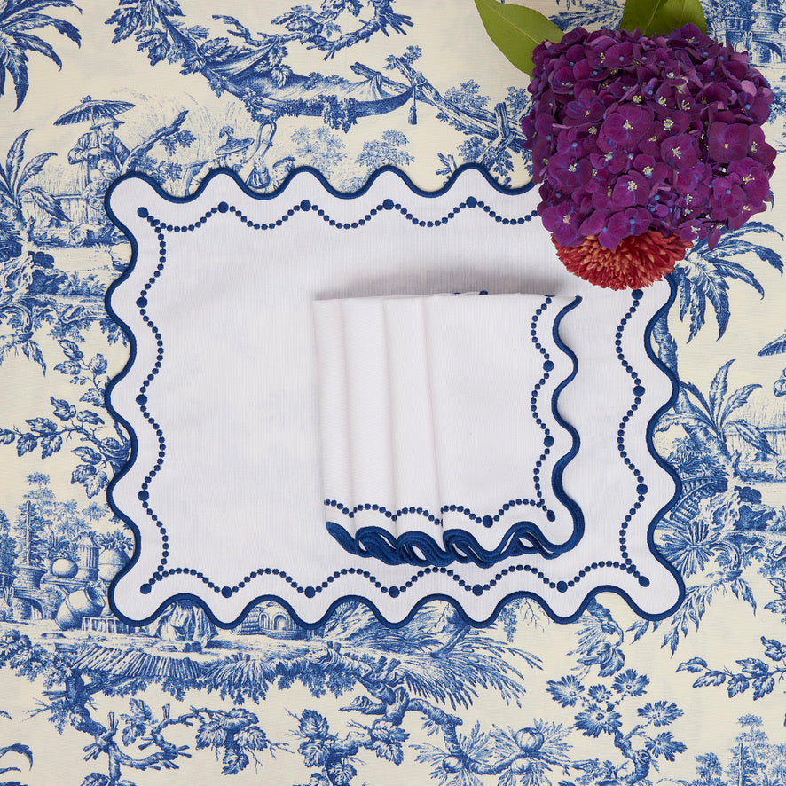 Marni Scalloped Blue Embroidered Napkins, Set of 4