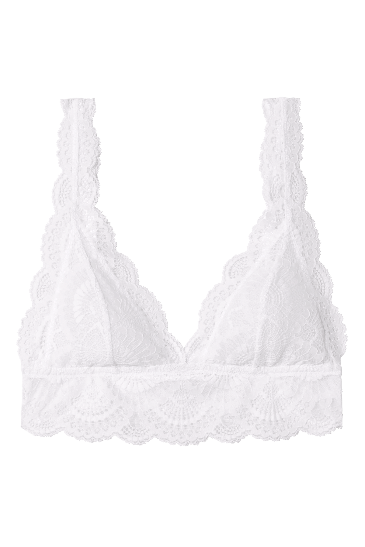 Front view of white Mariana Bralette showcasing deep plunge lined cups, longline silhouette, and scalloped lace on a white background