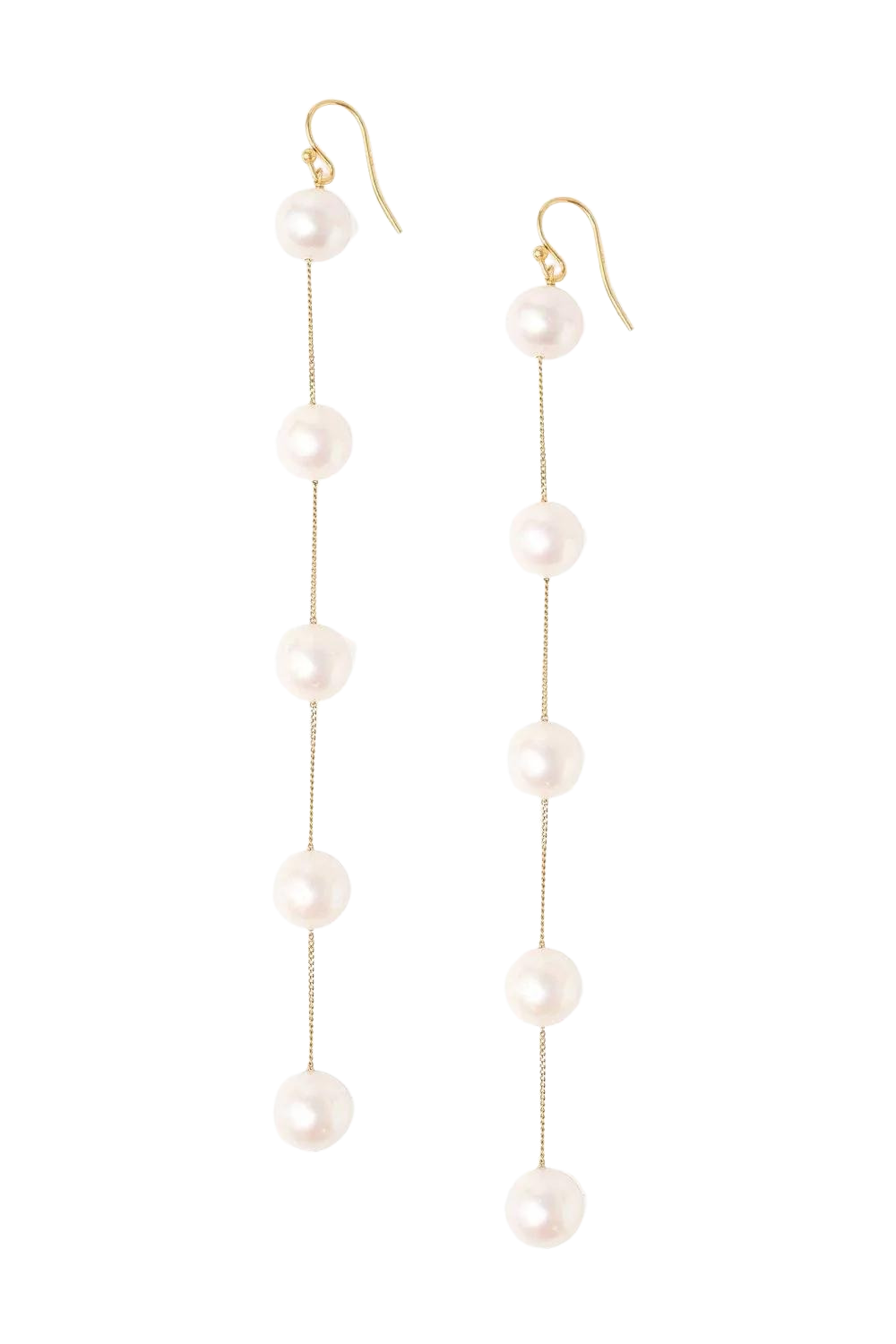 Front view of White Pearl Duster Earrings with five freshwater pearls on 18k gold-plated chain, 5.5-inch drop on black