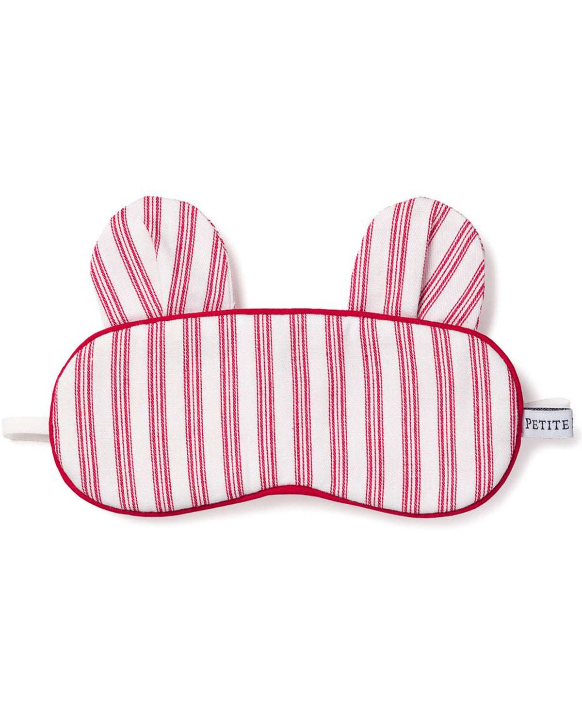 Front view of Children’s Antique Red Ticking Bear-y Sweet Eye Mask showcasing bear ears and red stripes on white background