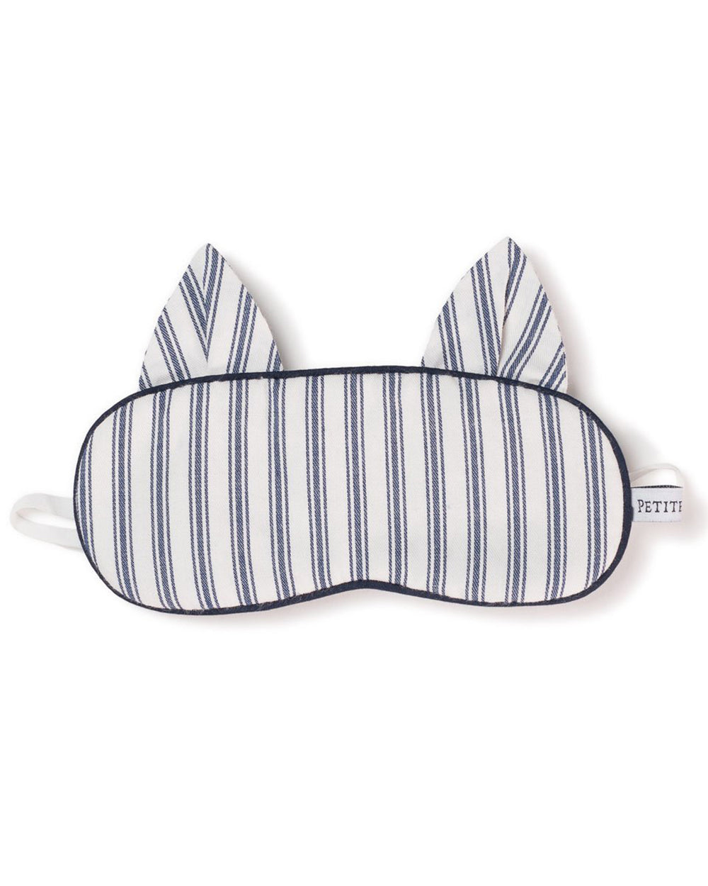 Front view of navy French-ticking kitty eye mask showcasing vertical navy stripes, cat ears, navy piped edge, and elastic band on white background