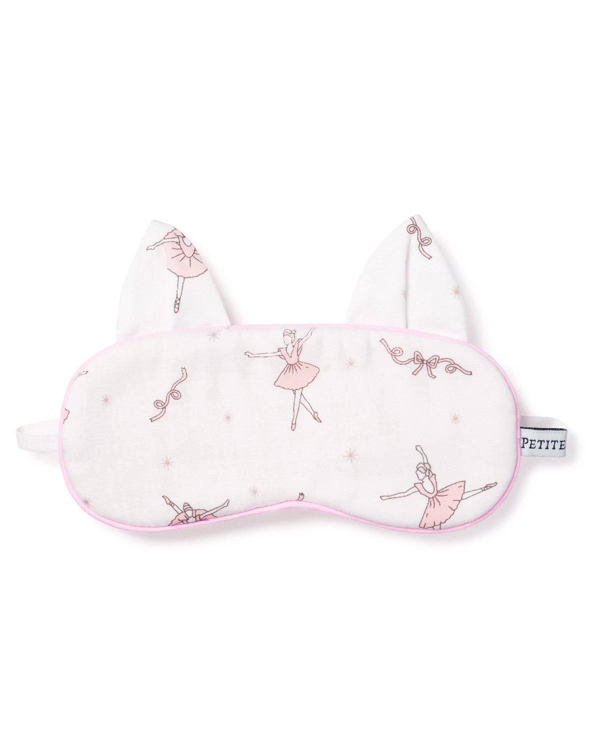 Front view of Children’s Sugar Plum Fairy Kitty Sleep Mask showcasing ballerina print and pink trim with a white background