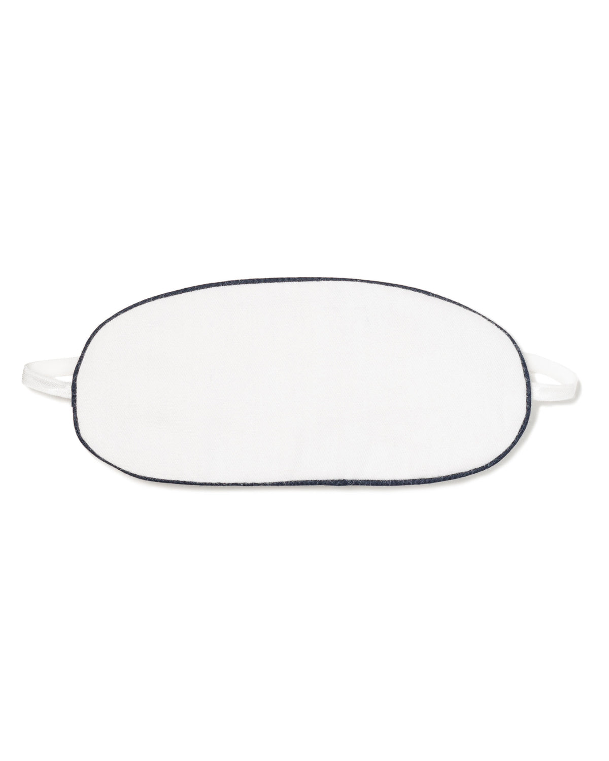 Front view of White Eye Mask with Navy Piping showcasing elastic head strap on a white background