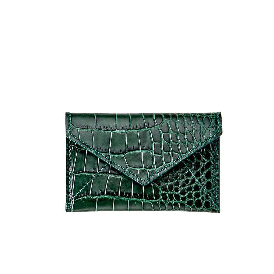 Front view of Mini Envelope in Crocodile Embossed Leather showcasing crocodile embossing with white background