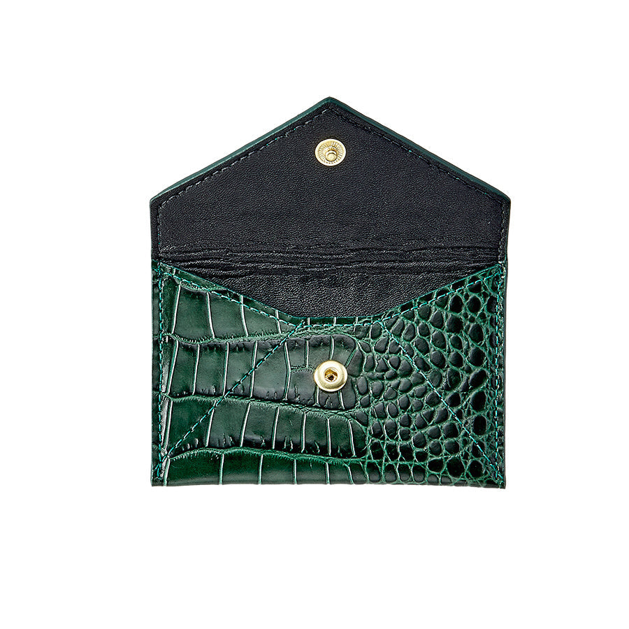 Front view of Mini Envelope in Crocodile Embossed Leather showcasing crocodile embossing and snap closure with white background