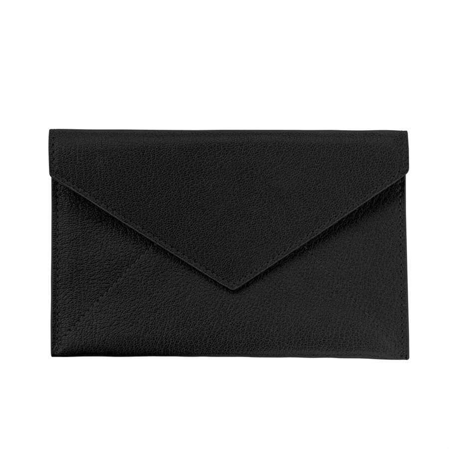 Front view of medium envelope in goatskin leather showcasing black pebbled texture and envelope flap on white background