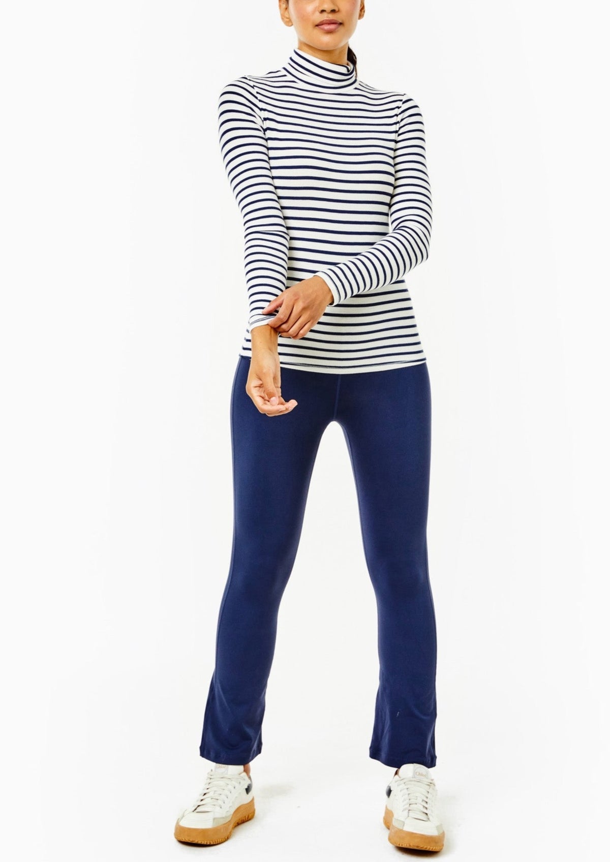 The Everyday Ribbed Turtleneck in Off White and Navy Stripe