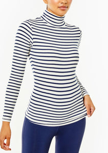 The Everyday Ribbed Turtleneck in Off White and Navy Stripe
