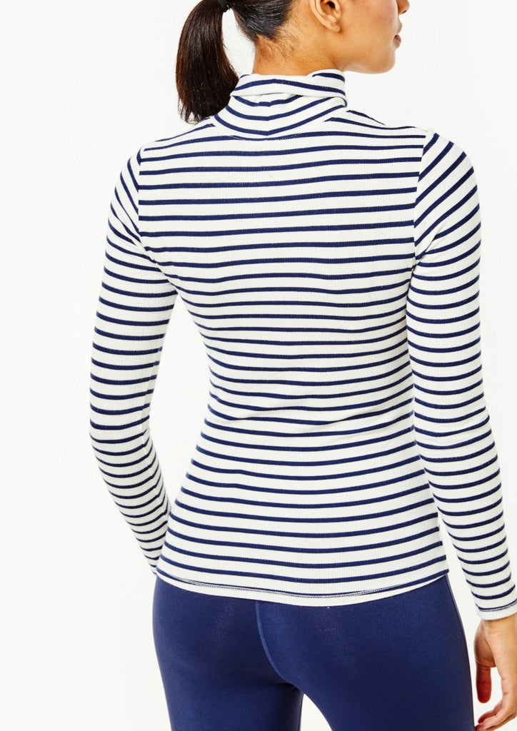 The Everyday Ribbed Turtleneck in Off White and Navy Stripe