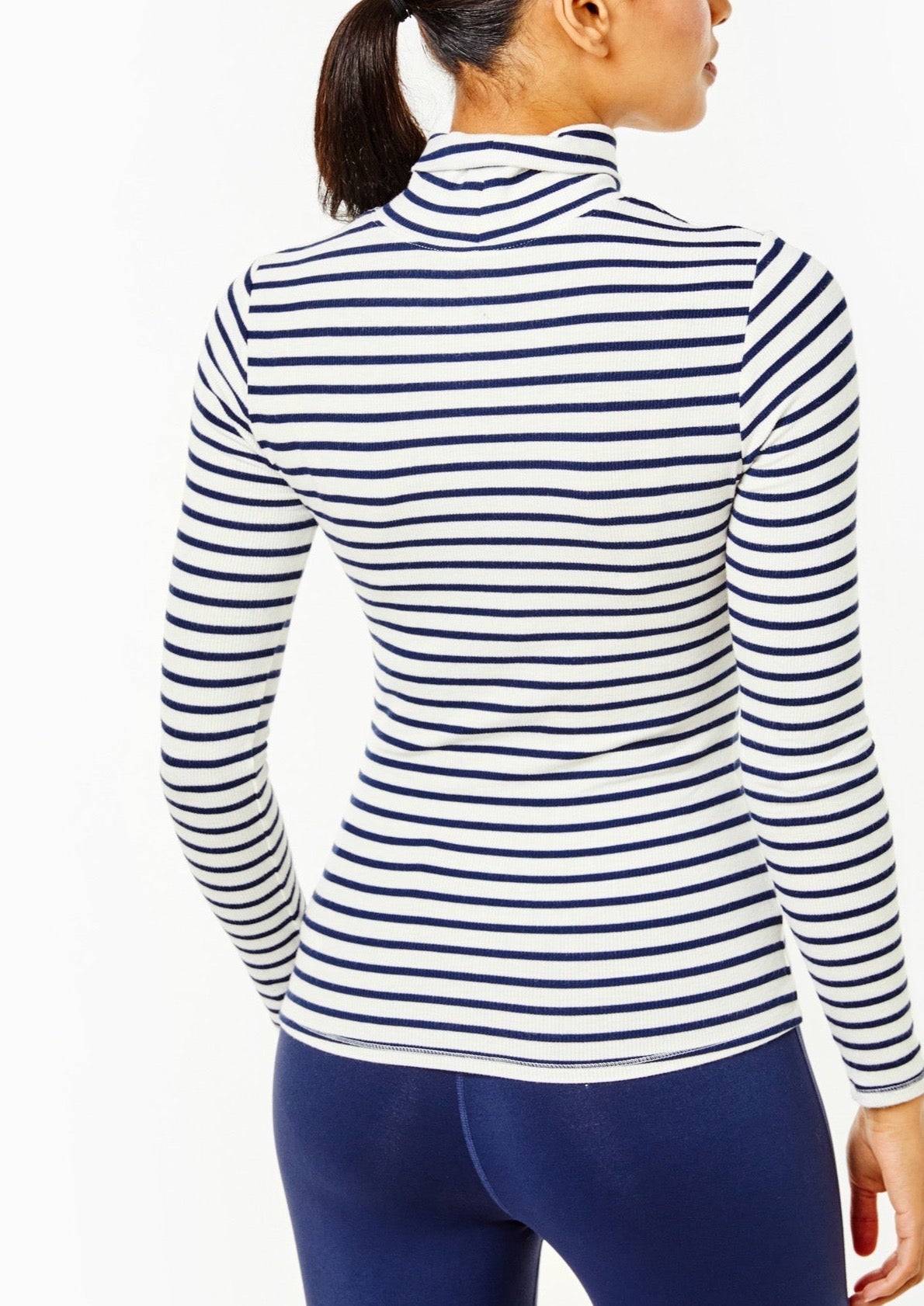 The Everyday Ribbed Turtleneck in Off White and Navy Stripe