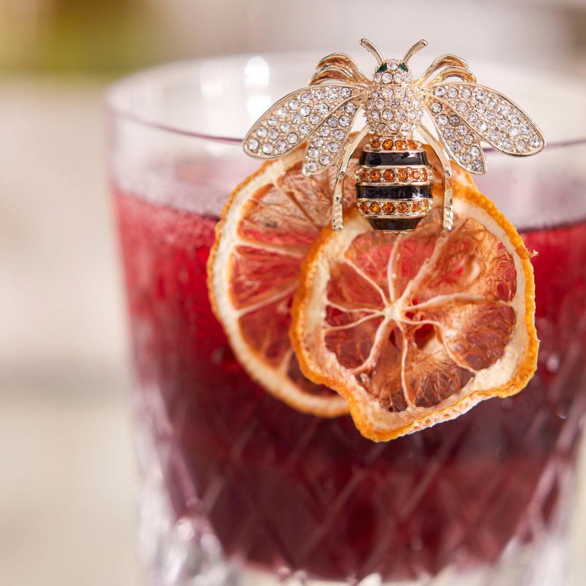 Close up of Mini Bug Clip Set showcasing a jeweled bug clip on dried citrus slices with a blurred red background