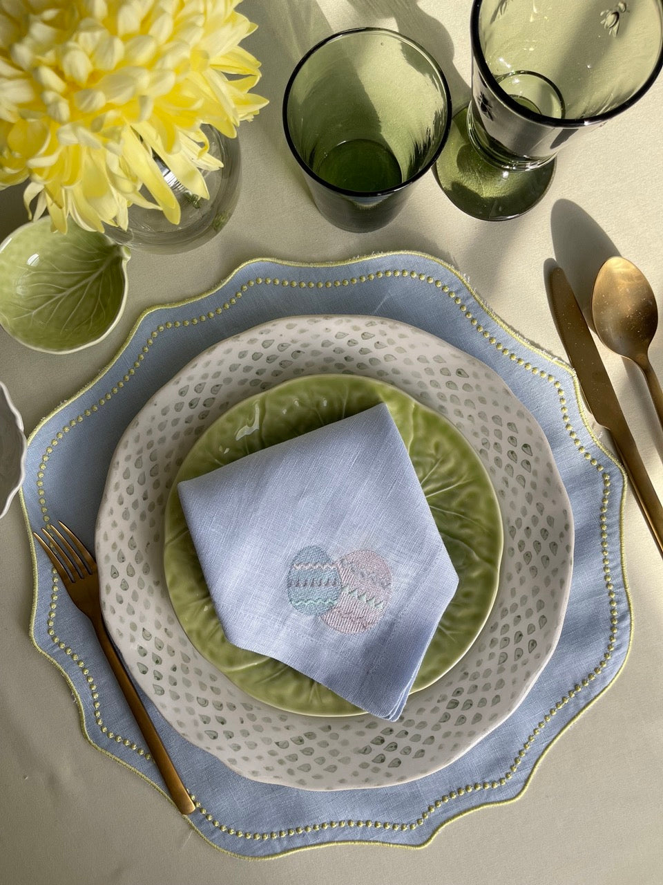 Lime Dotted Blue Linen Placemat, Set of 4