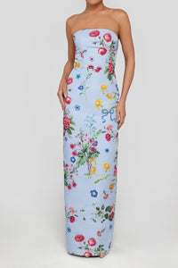 Elizabeth Sky Floral Silk Faille Column Gown