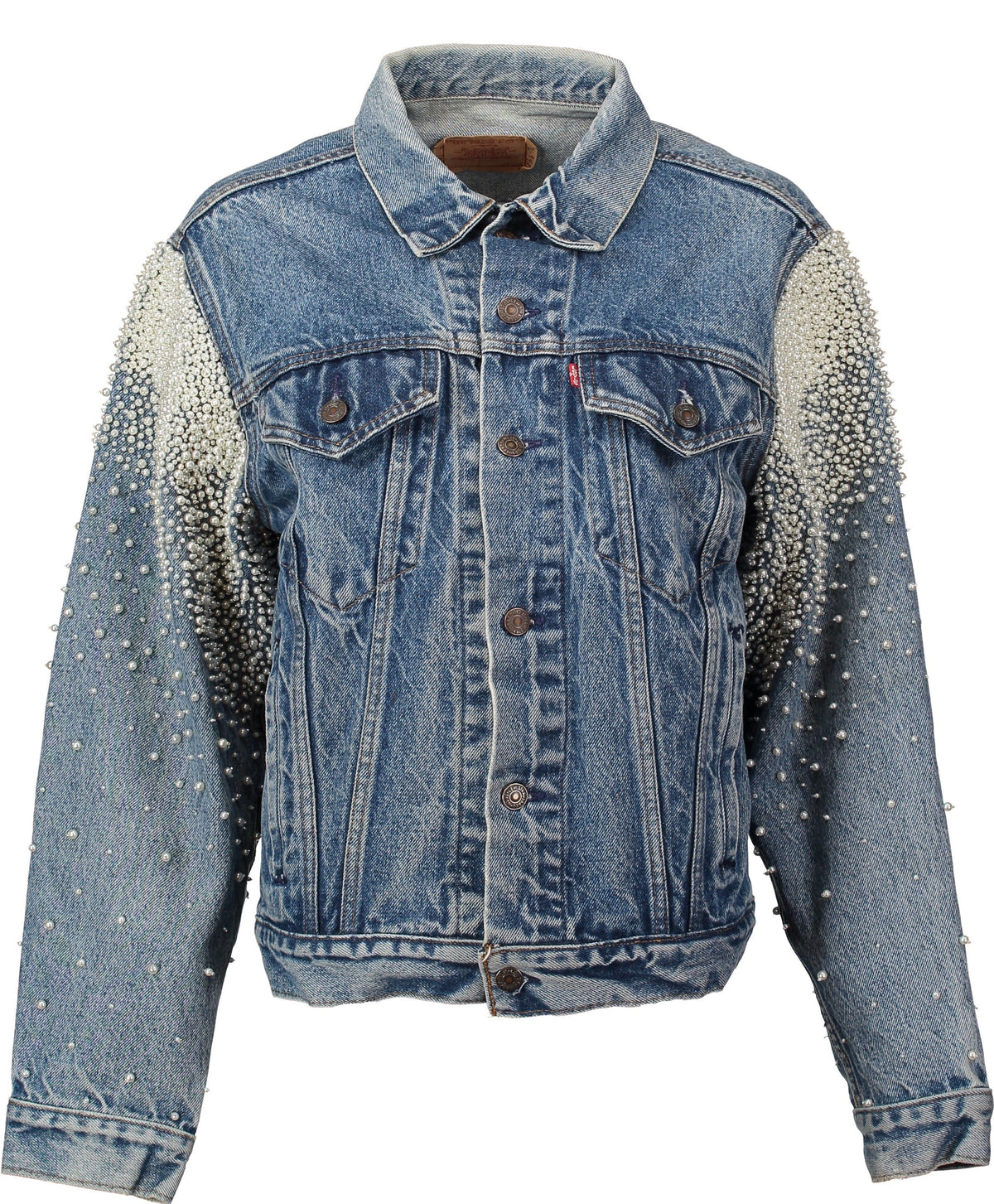 Hand embroidered, crystal and pearl vintage denim jacket for the beach bride