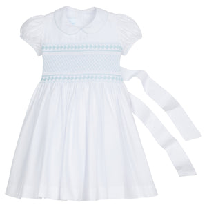 Little English traditional girl's clothing, classic smocked dress for toddler girls with peter pan collar and sash, little girl's flower girl dress with light blue smocking