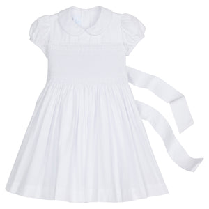 Little English traditional girl's clothing, classic smocked dress for toddler girls with peter pan collar and sash, little girl's flower girl dress with white smocking