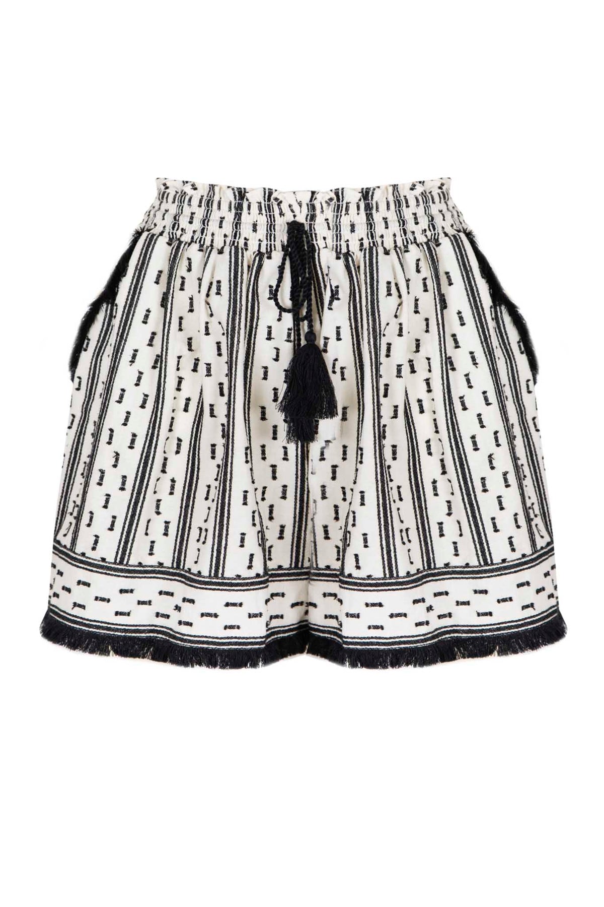 The Helene smocked waist shorts have a tassled drawstring and a textured pattern.