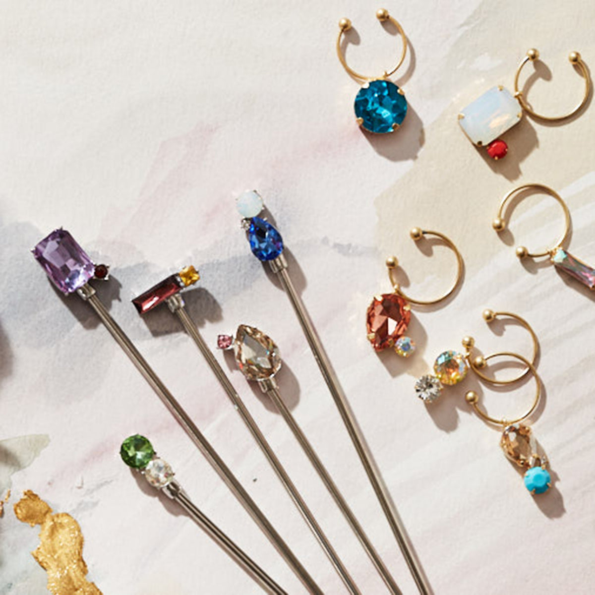 Top view of Jeweled Cocktail Picks showcasing colorful jeweled embellishments on a light background