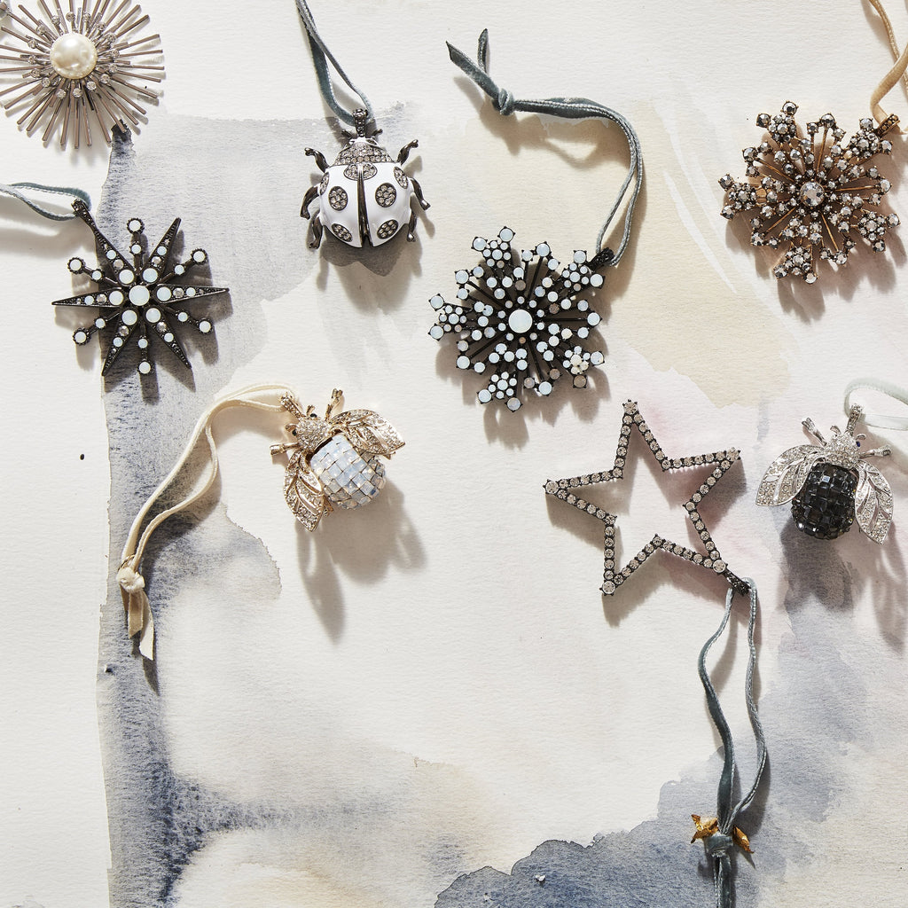 Deco Snowflake Hanging Ornament in Hematite and Opal